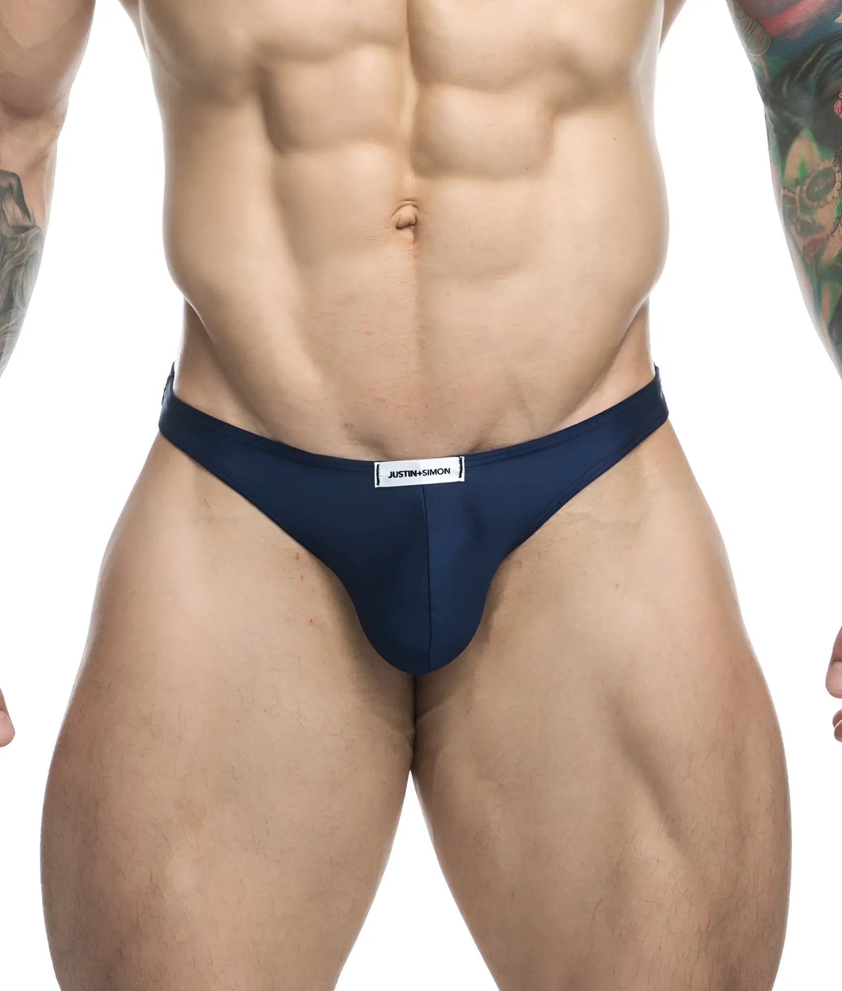 Navy blue men’s briefs with a white waistband label from Justin plus Simon classic tanga collection