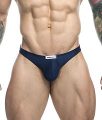 Navy blue men’s briefs with a white waistband label from Justin plus Simon classic tanga collection
