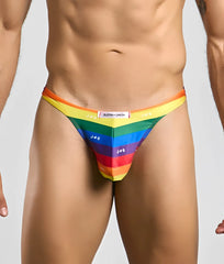 Rainbow-striped men’s thong by justin + simon featuring bold vibrant colors and a sleek form-fitting design