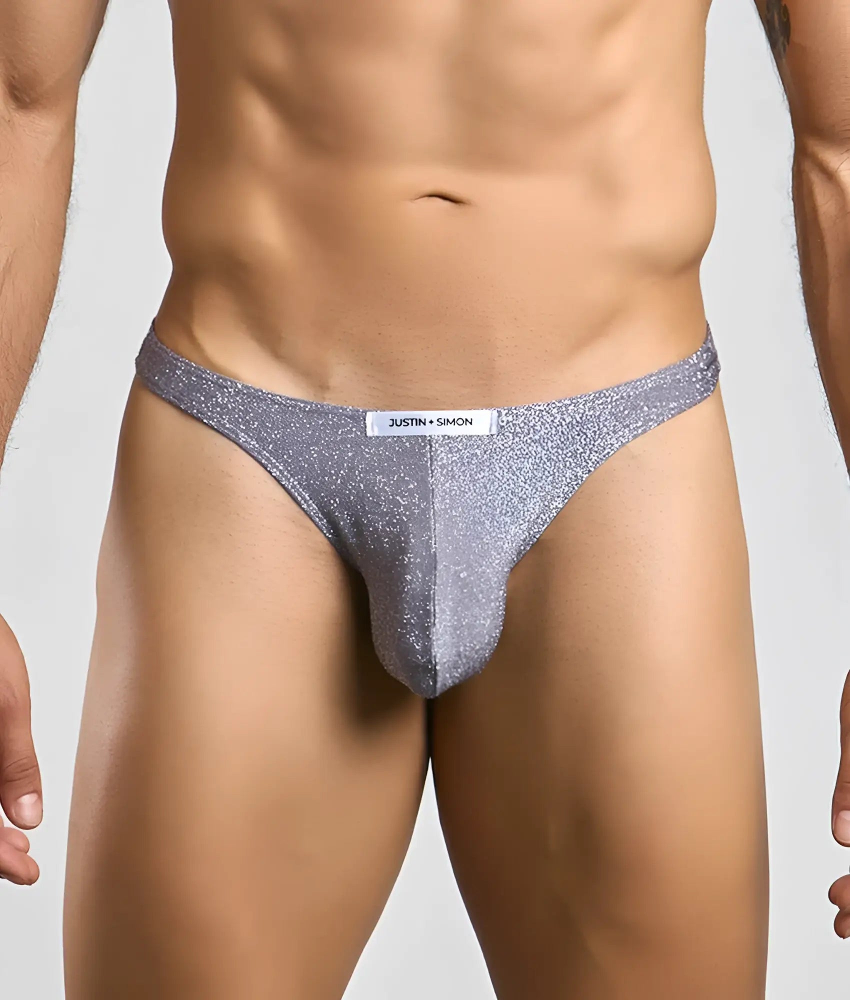 Silver glittery thong from justin simon classic tanga showcasing shiny metallic fabric and minimal coverage back view