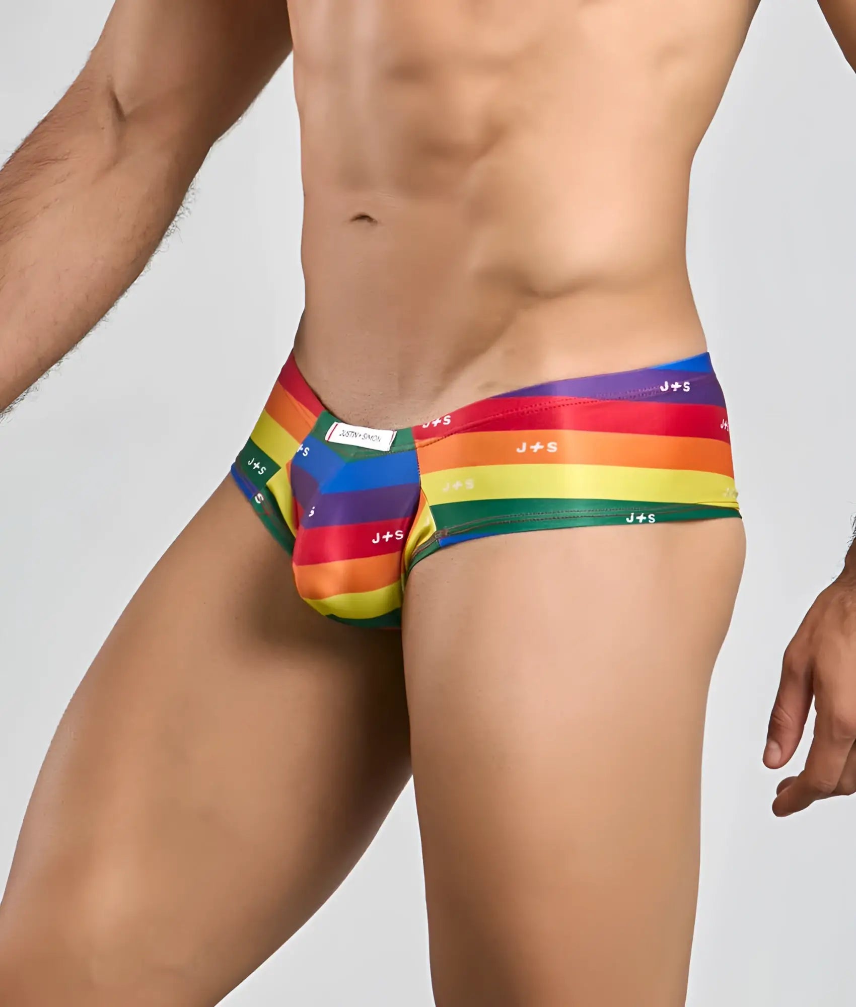Rainbow-striped justin + simon cheek men’s briefs with a snug, form-fitting design for comfortable wear