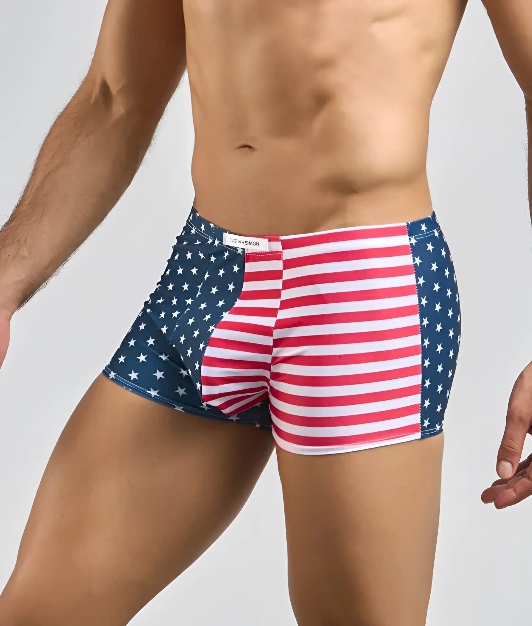 Justin + Simon classic boxer briefs with American flag design featuring red and white stripes and blue with white stars sides
