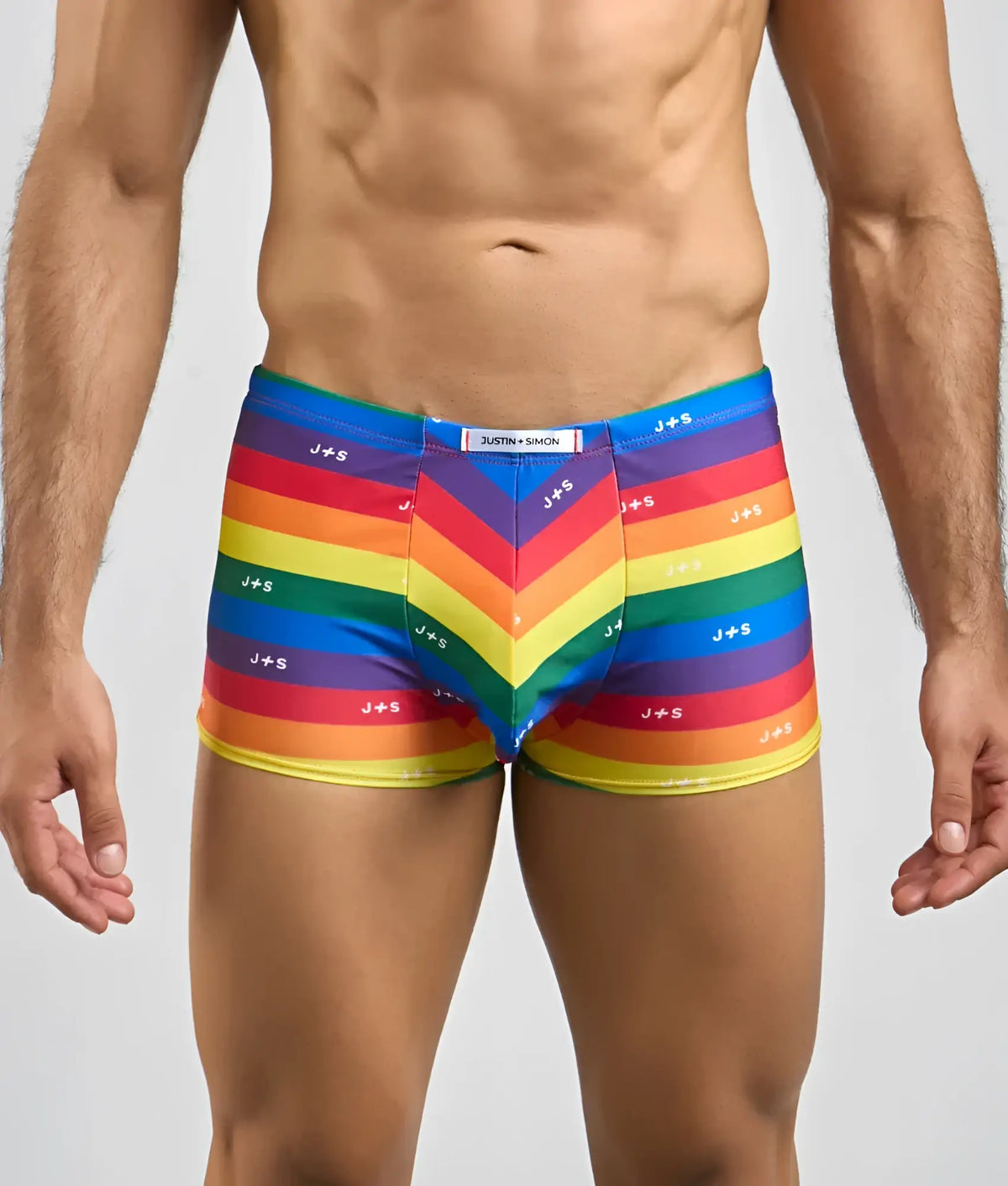 Justin + Simon classic boxer vibrant rainbow striped men’s boxer briefs with chevron pattern and elastic waistband
