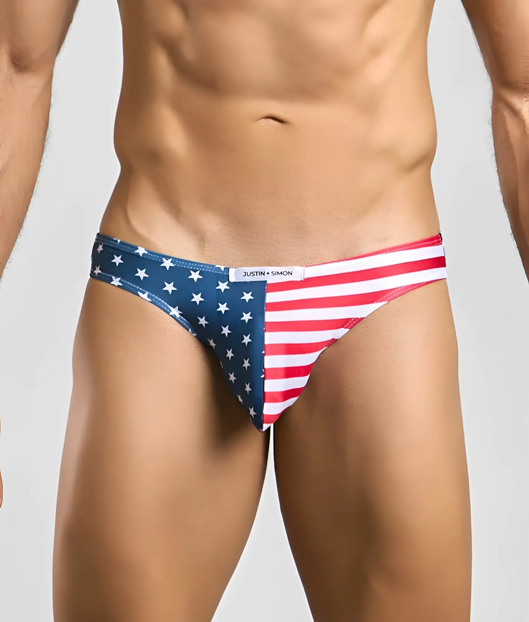 American flag-themed mens briefs by Justin Simon in classic bikini style featuring cotton fabric and vibrant colors