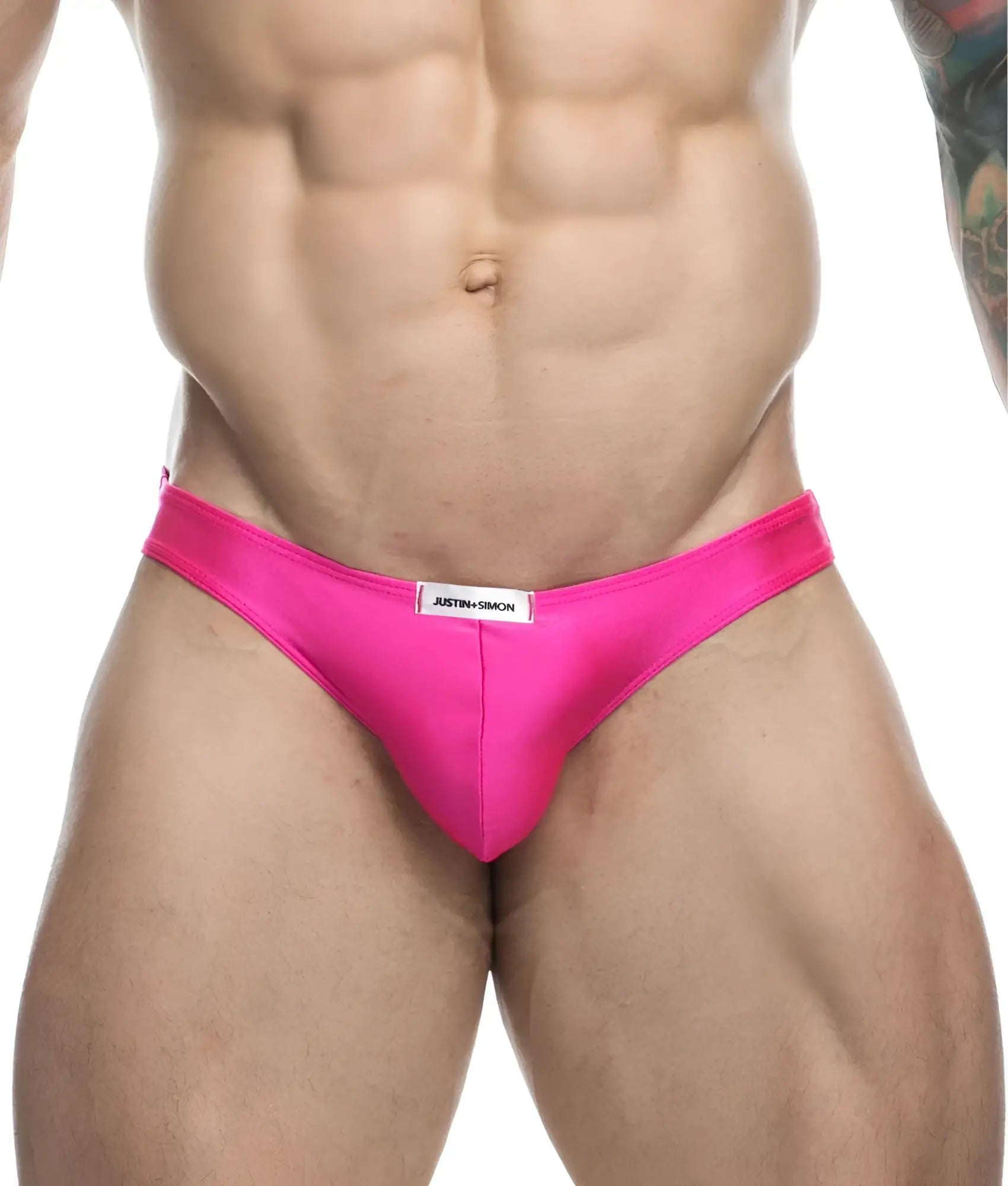 Bright pink sleek satin briefs with justin simon white label at waistband from justin simon classic mens bikini