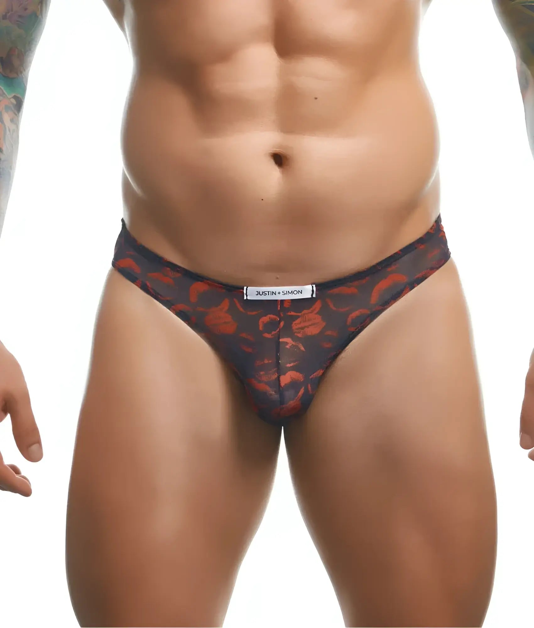 Black and red floral patterned classic mens bikini briefs by Justin Simon made of soft breathable fabric for everyday wear