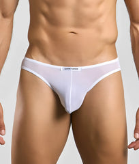 White sheer mesh briefs with a white waistband featuring the justin + simon brand label from classic mens bikini mesh