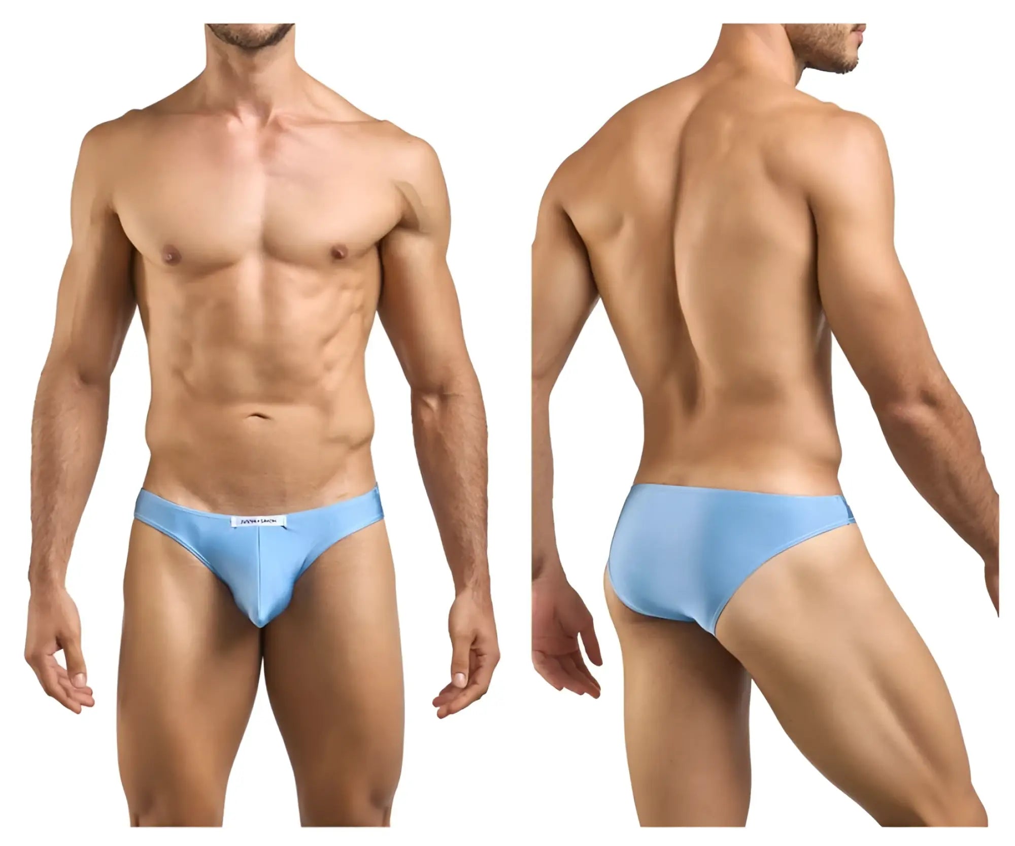 Light blue men’s briefs justin simon xsj01 classic bikini with subtle brand tag on waistband in baby blue color