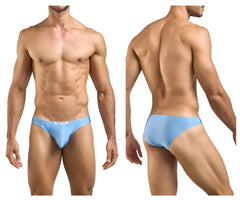 Light blue men’s briefs justin simon xsj01 classic bikini with subtle brand tag on waistband in baby blue color