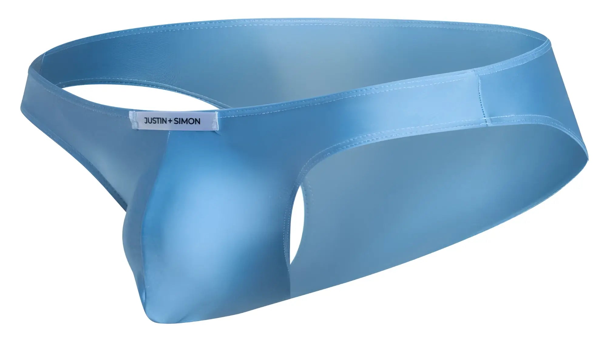 Light blue satin briefs with a sleek form-fitting design and a subtle justin simon brand tag classic bikini style