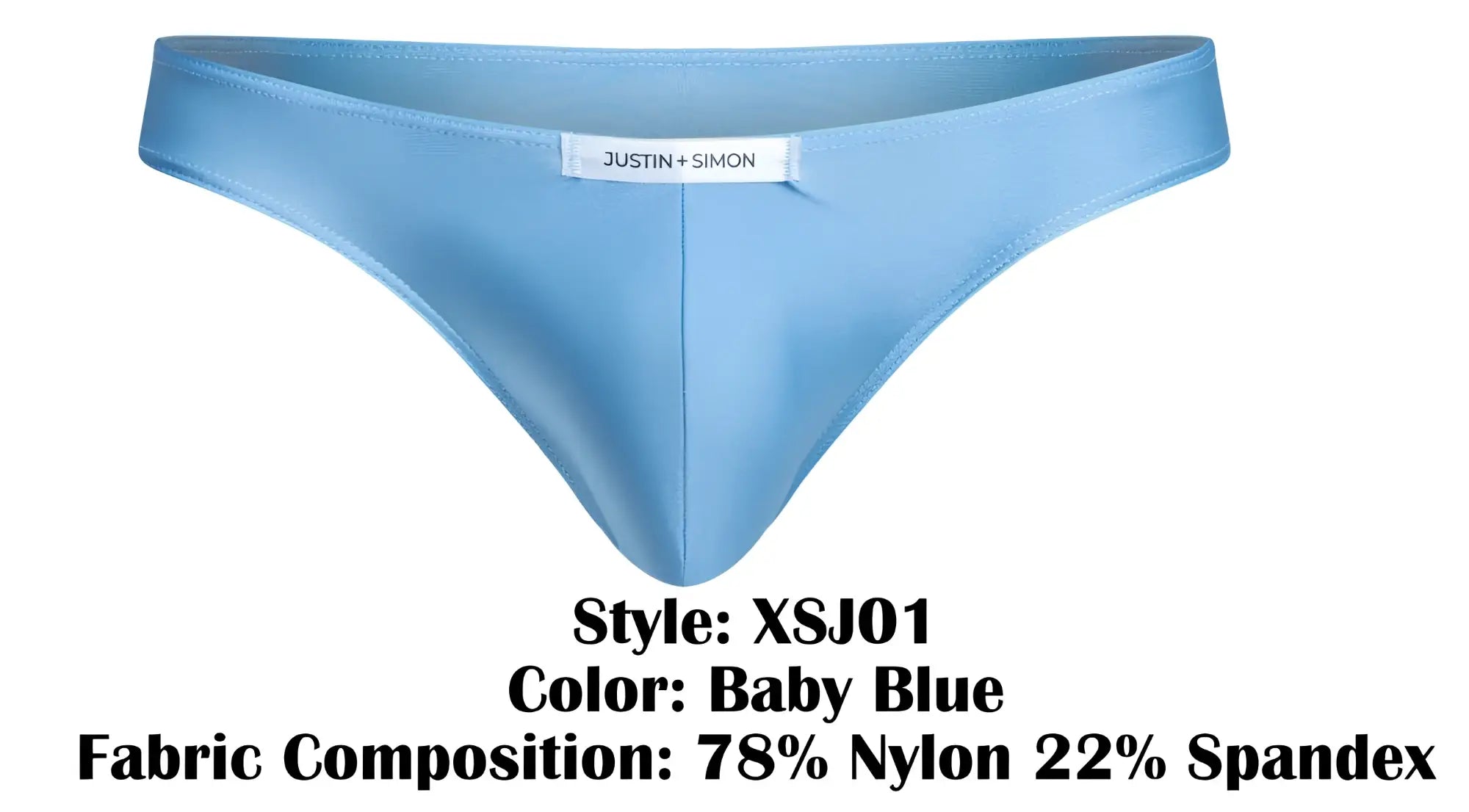 Baby blue thong by Justin + Simon made from 78 nylon 22 spandex in classic bikini style shown from back side