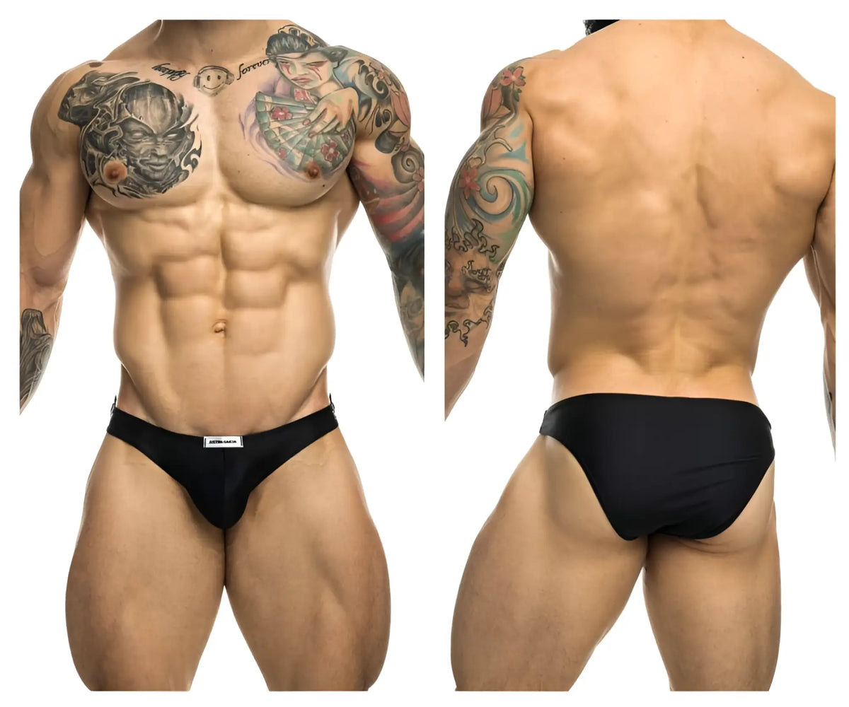 Black athletic briefs justin simon xsj01 classic bikini with small white brand tag on waistband