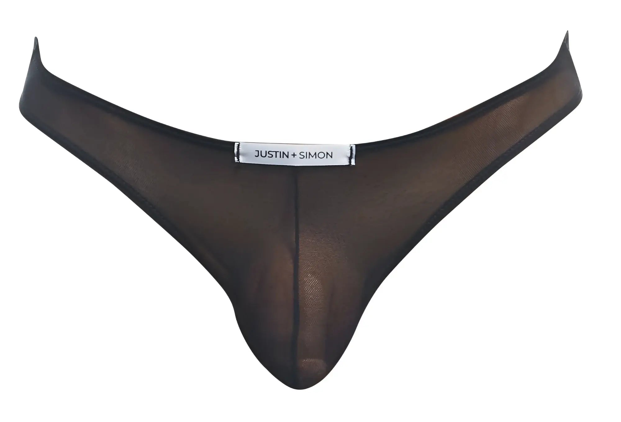 Black sheer mesh thong by justin + simon classic bikini style in black mesh showing the back side