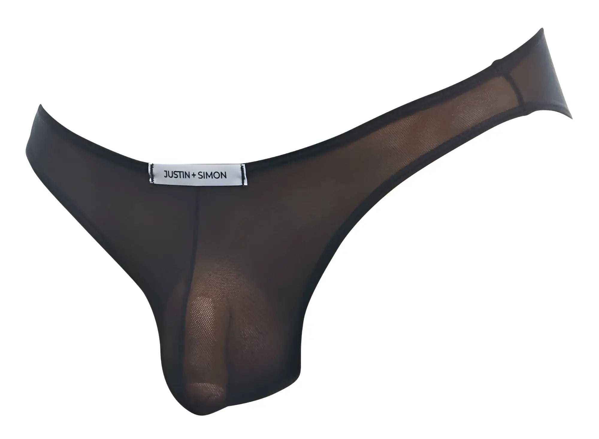Black sheer mesh thong by justin plus simon classic bikini style in black mesh fabric shown from the back side