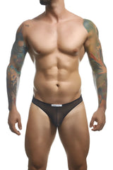 Black mesh classic bikini briefs with white waistband label by justin simon in color black mesh