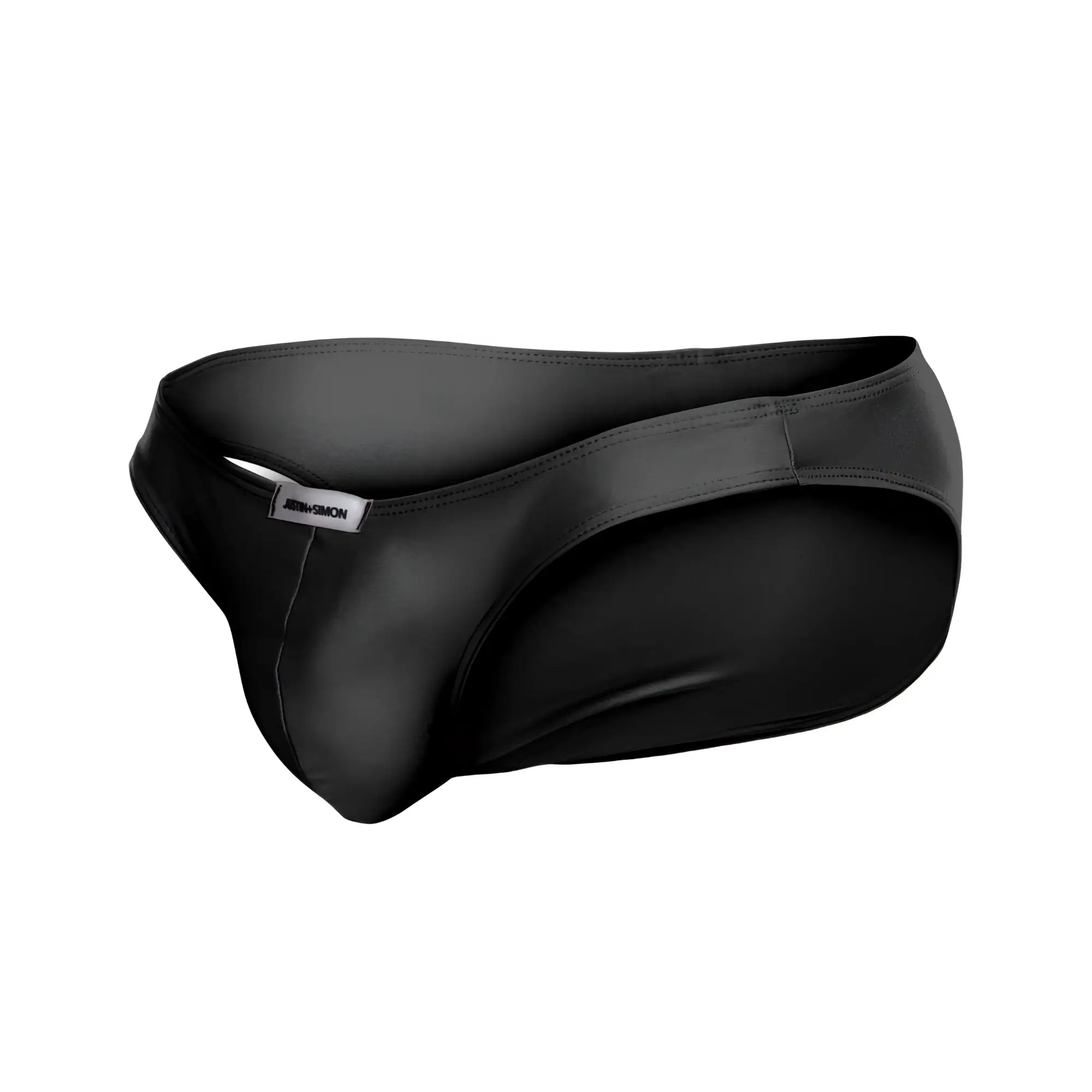 Black sleek form-fitting men’s briefs with smooth glossy finish from justin simon xsj01 classic bikini collection