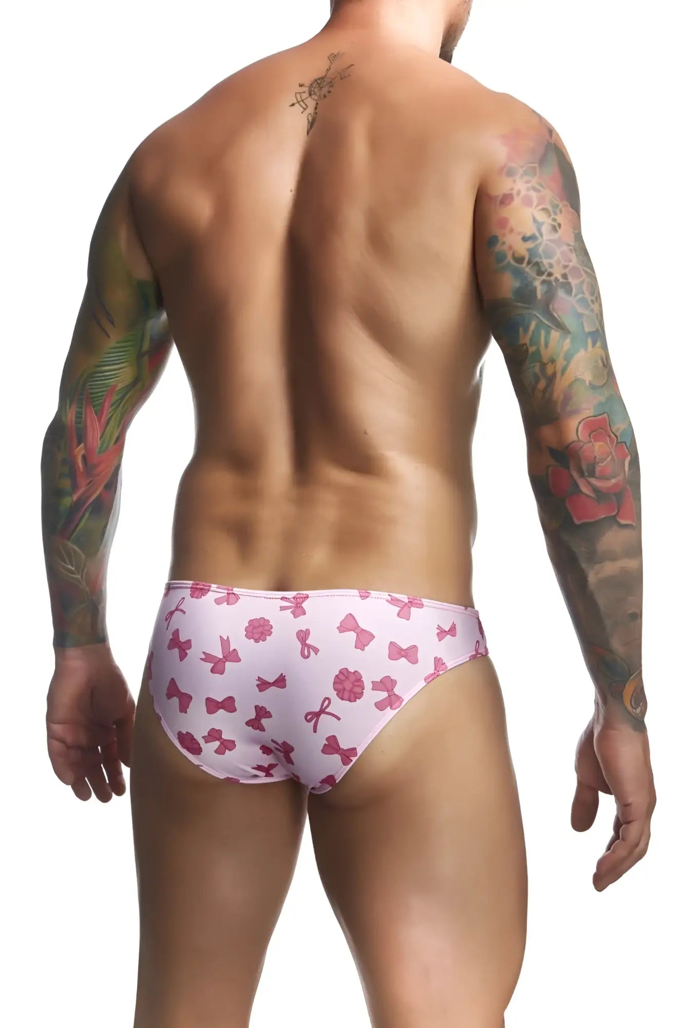 Justin simon xsj01 classic bikini color coquette men’s swim trunks in pink with bow pattern for beachwear