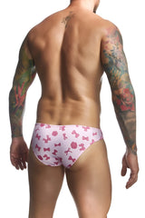 Justin simon xsj01 classic bikini color coquette men’s swim trunks in pink with bow pattern for beachwear
