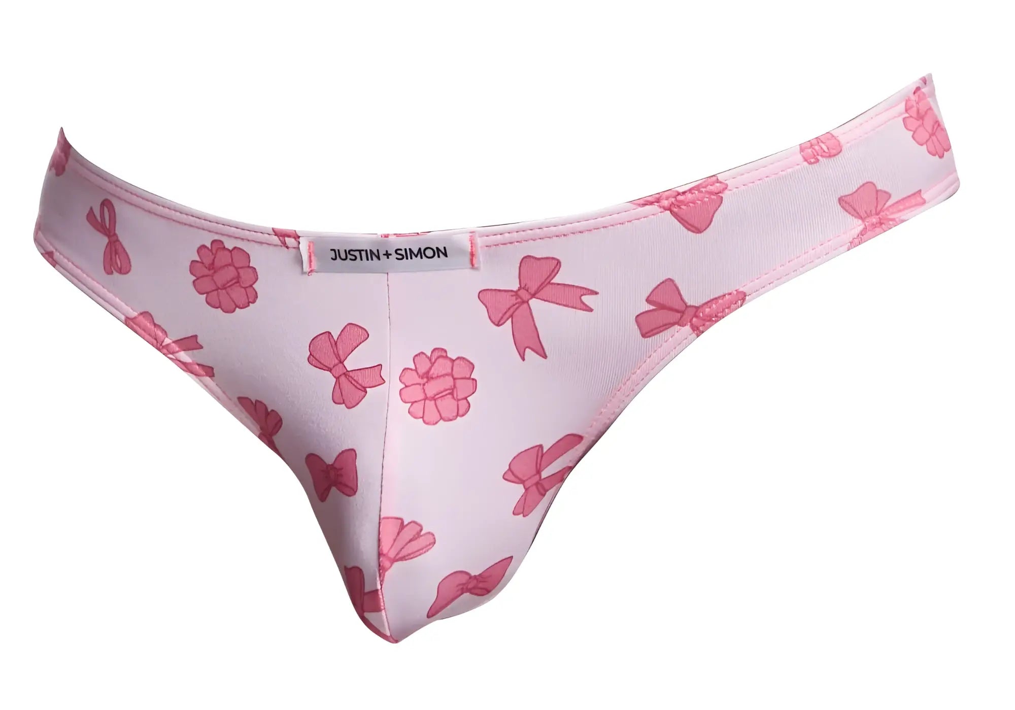 Pink bow and raspberry patterned thong by justin + simon in classic bikini style with color coquette design