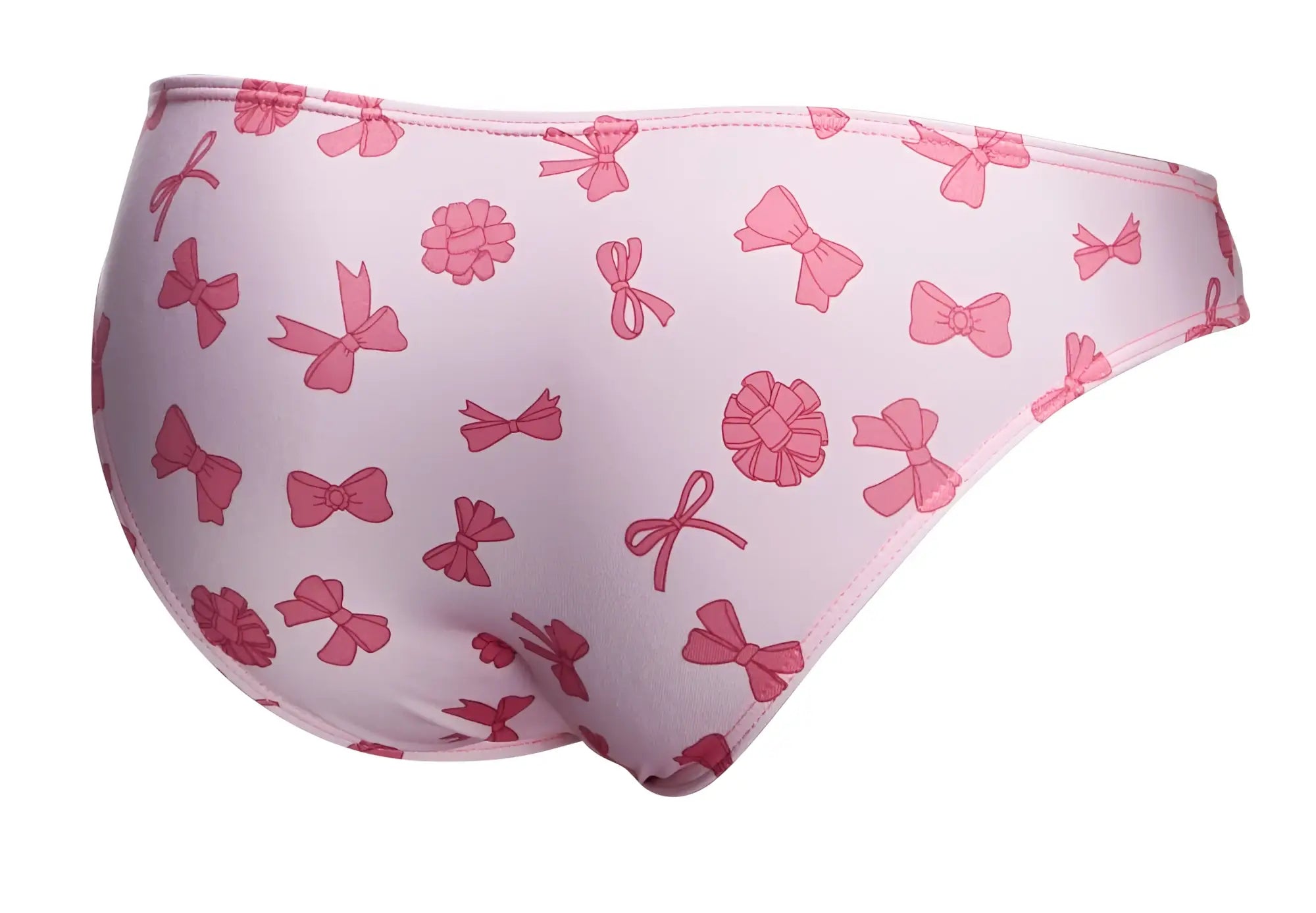 Pink bikini bottom with playful pink bows and ribbon pattern on light lavender base from justin simon classic bikini