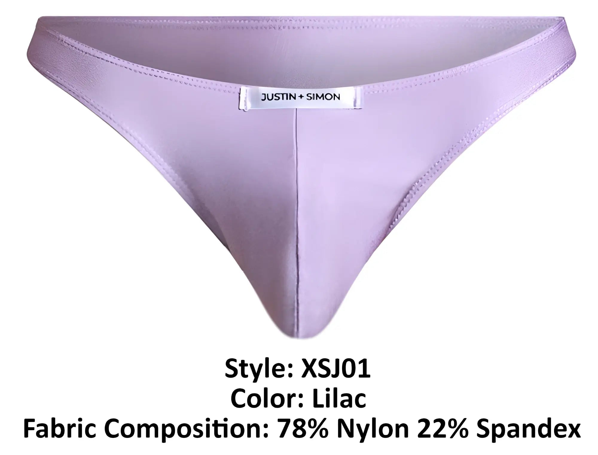 Lilac form-fitting classic bikini thong made of 78 nylon 22 spandex with justin simon brand label