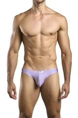 Lavender-colored men’s briefs justin simon xsj01 classic bikini with subtle brand tag at the waistband in lilac color