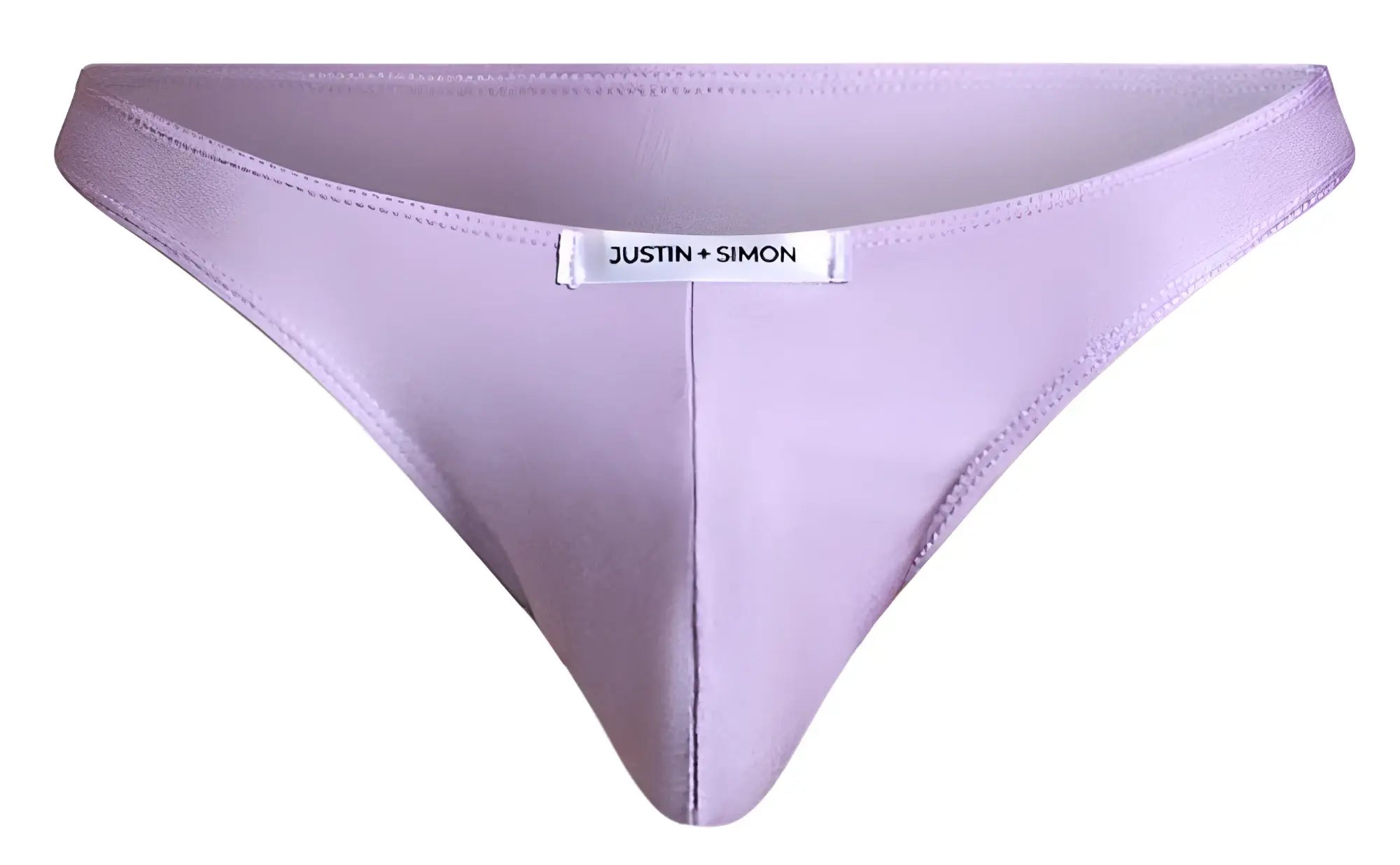 Lavender-colored smooth classic bikini briefs with subtle sheen and silver justin simon brand tag on waistband