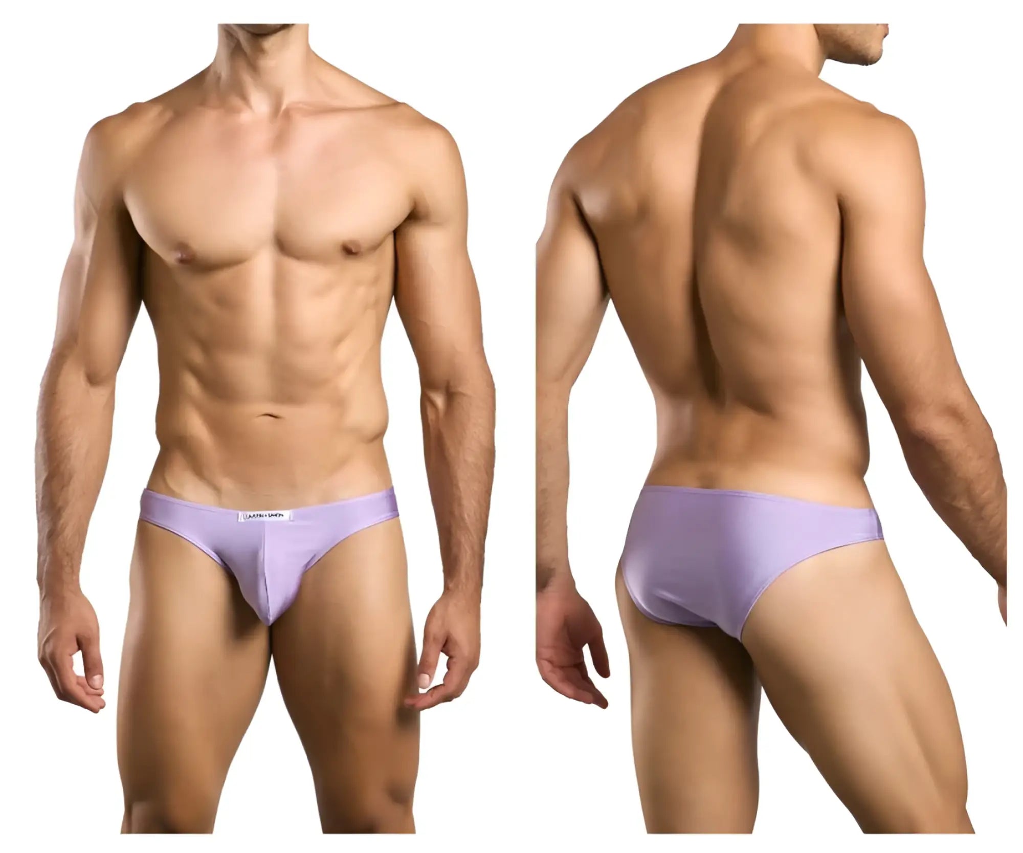 Lavender-colored smooth textured men’s briefs with subtle brand tag at waistband justin+simon xsj01 classic bikini lilac