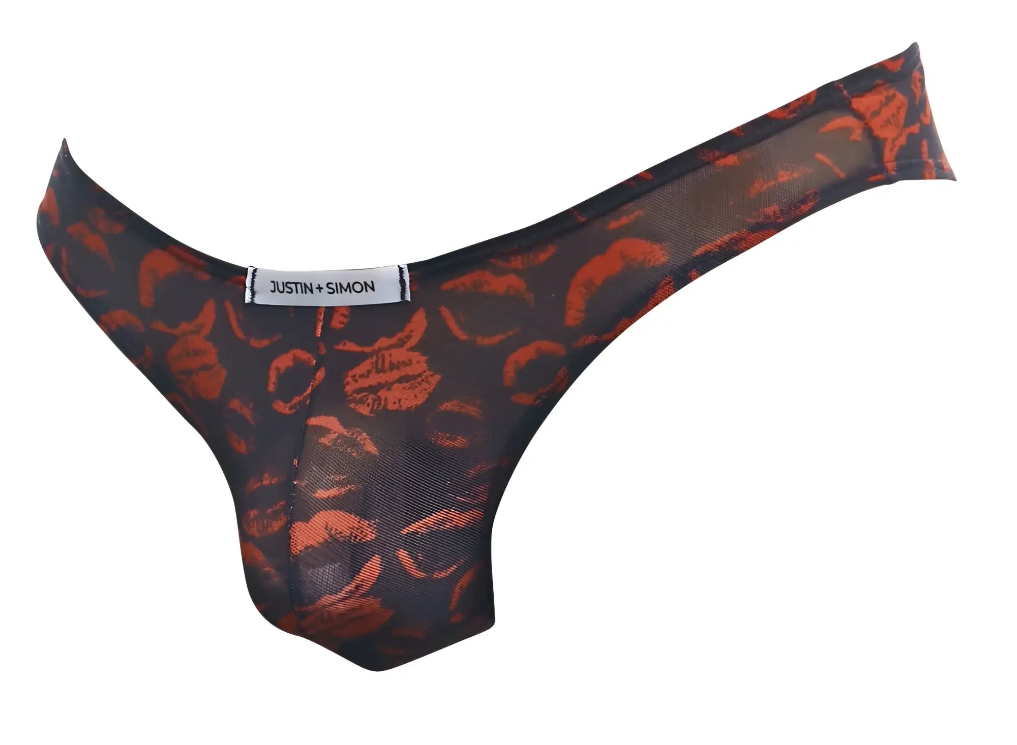 Black and orange lip print mesh thong by justin simon from the classic bikini color lips collection front view