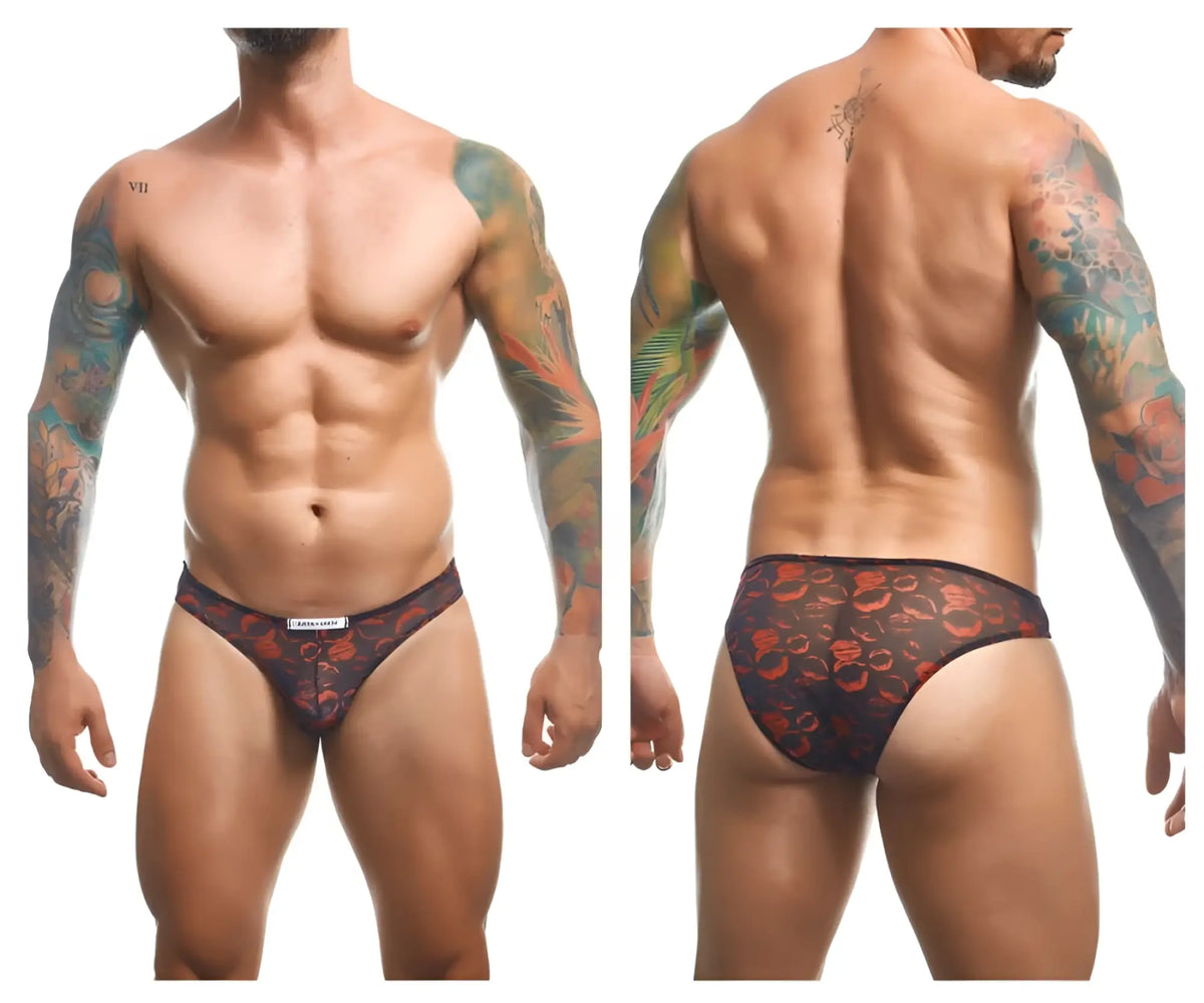 Black briefs with red floral pattern and sheer mesh fabric from JUSTIN SIMON classic bikini color lips collection