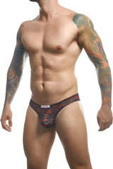 Justin Simon XSJ01 classic bikini briefs in black and red floral pattern with sheer mesh fabric for men