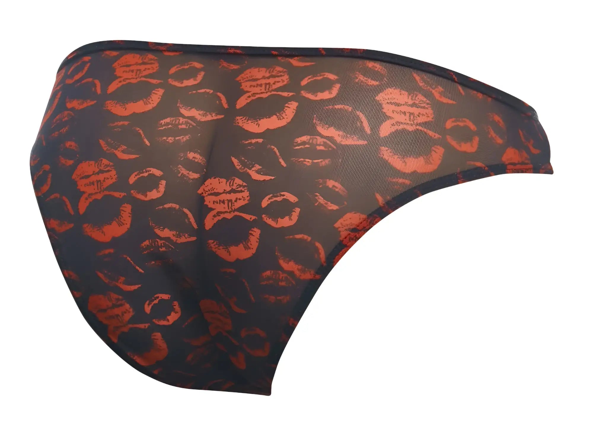 Black sheer classic bikini briefs with bold orange lipstick print pattern from JUSTIN+SIMON XSJ01 color lips collection