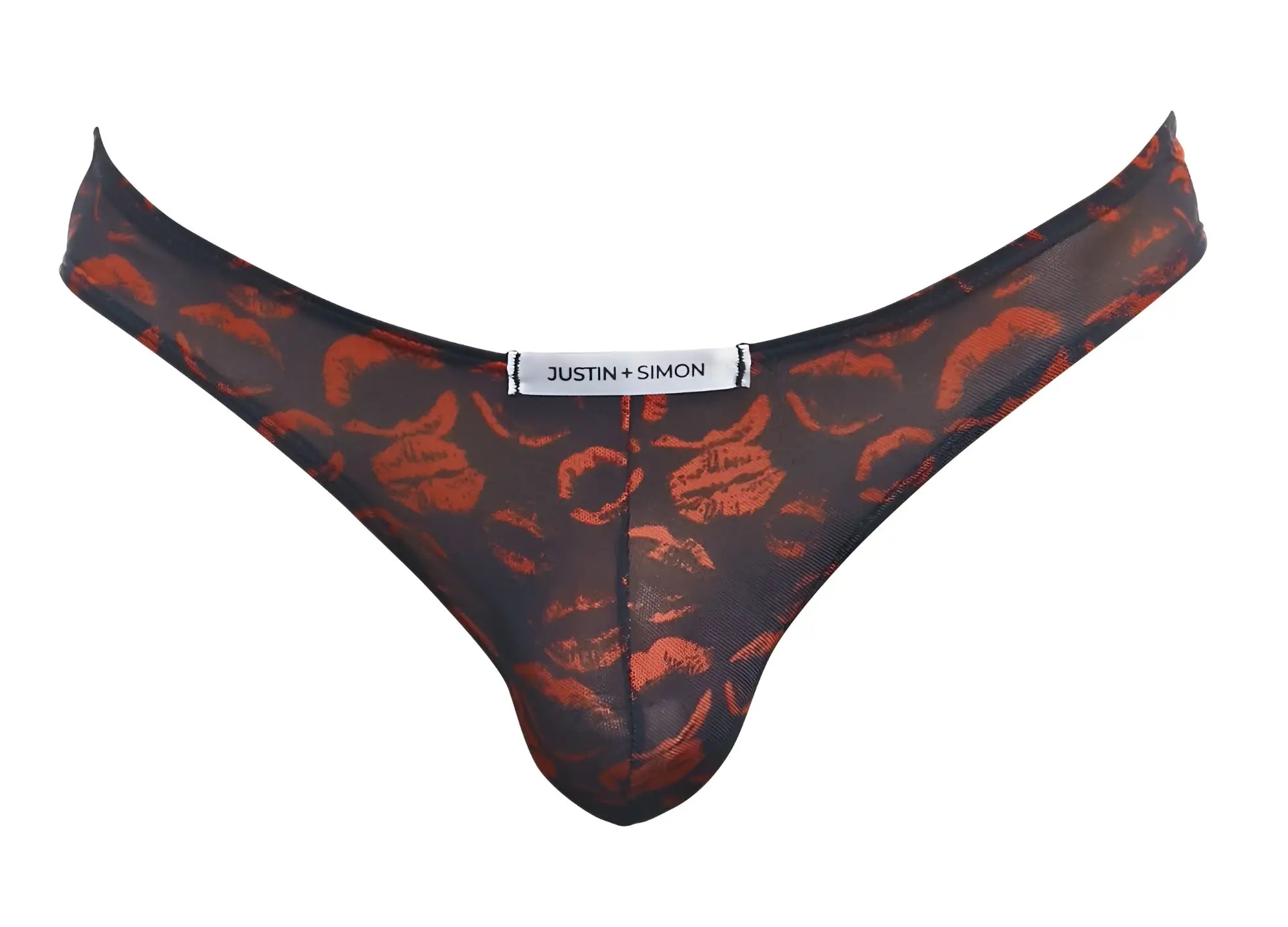 Black sheer thong with bold orange lipstick print and justin plus simon label from classic bikini color lips collection