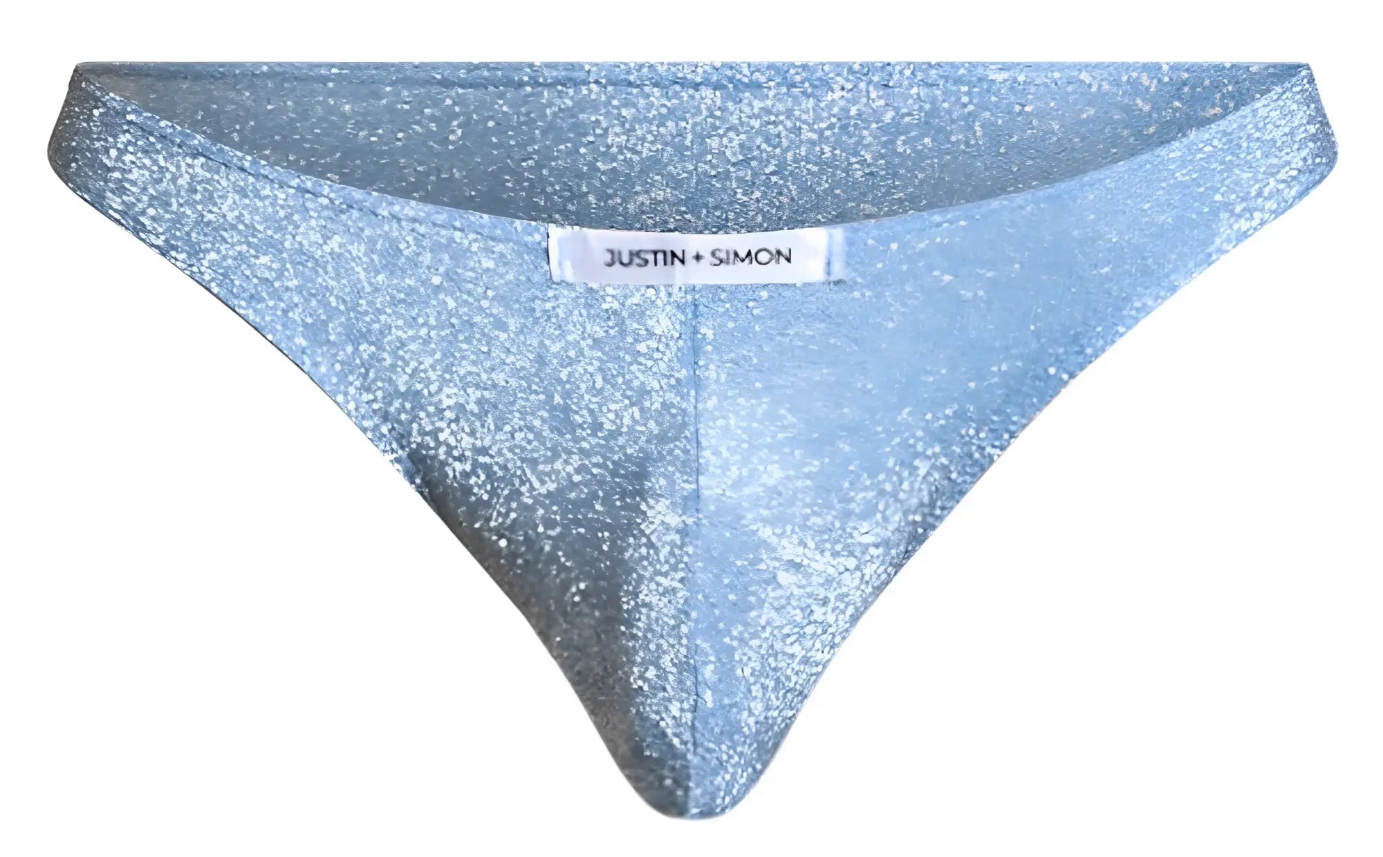 Light blue glittery lurex thong by justin simon classic bikini style xsj01 shown from the back side