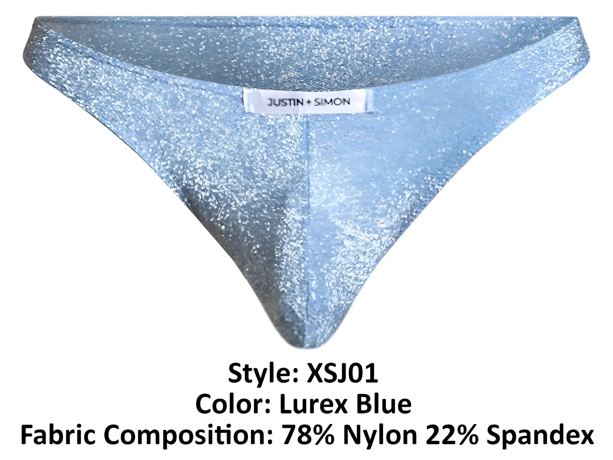 A shimmering lurex blue thong from justin simon made of 78 nylon and 22 spandex fabric blend