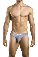 Silver glittery briefs with subtle pattern and white waistband label in justin simon xsj01 classic bikini lurex gray