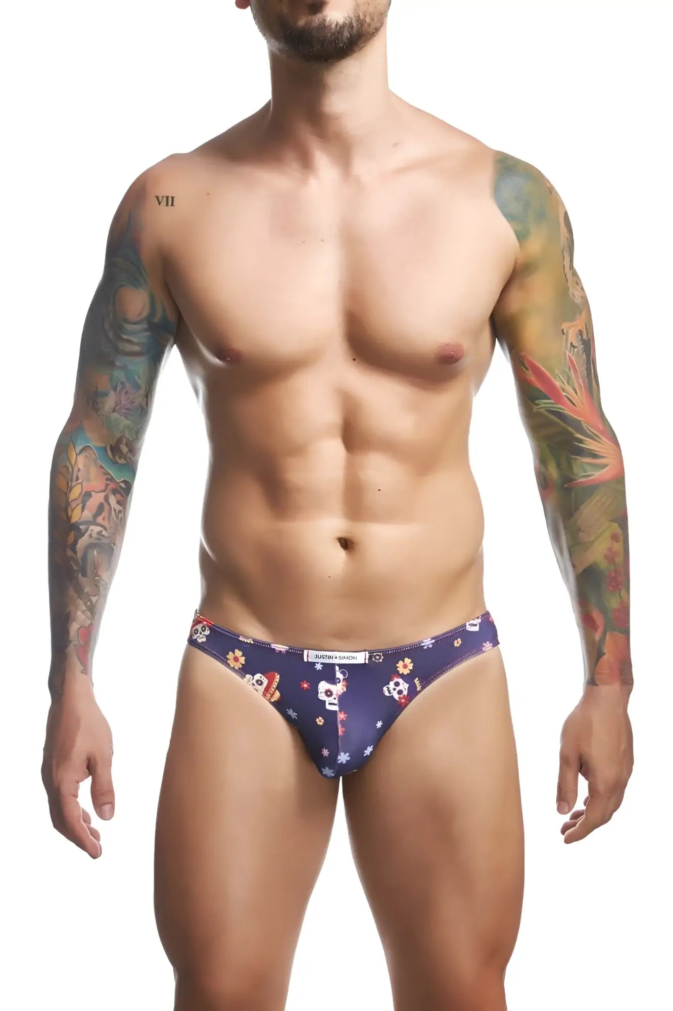 Dark blue justin simon xsj01 classic bikini briefs with white skulls orange and yellow flowers and stars pattern