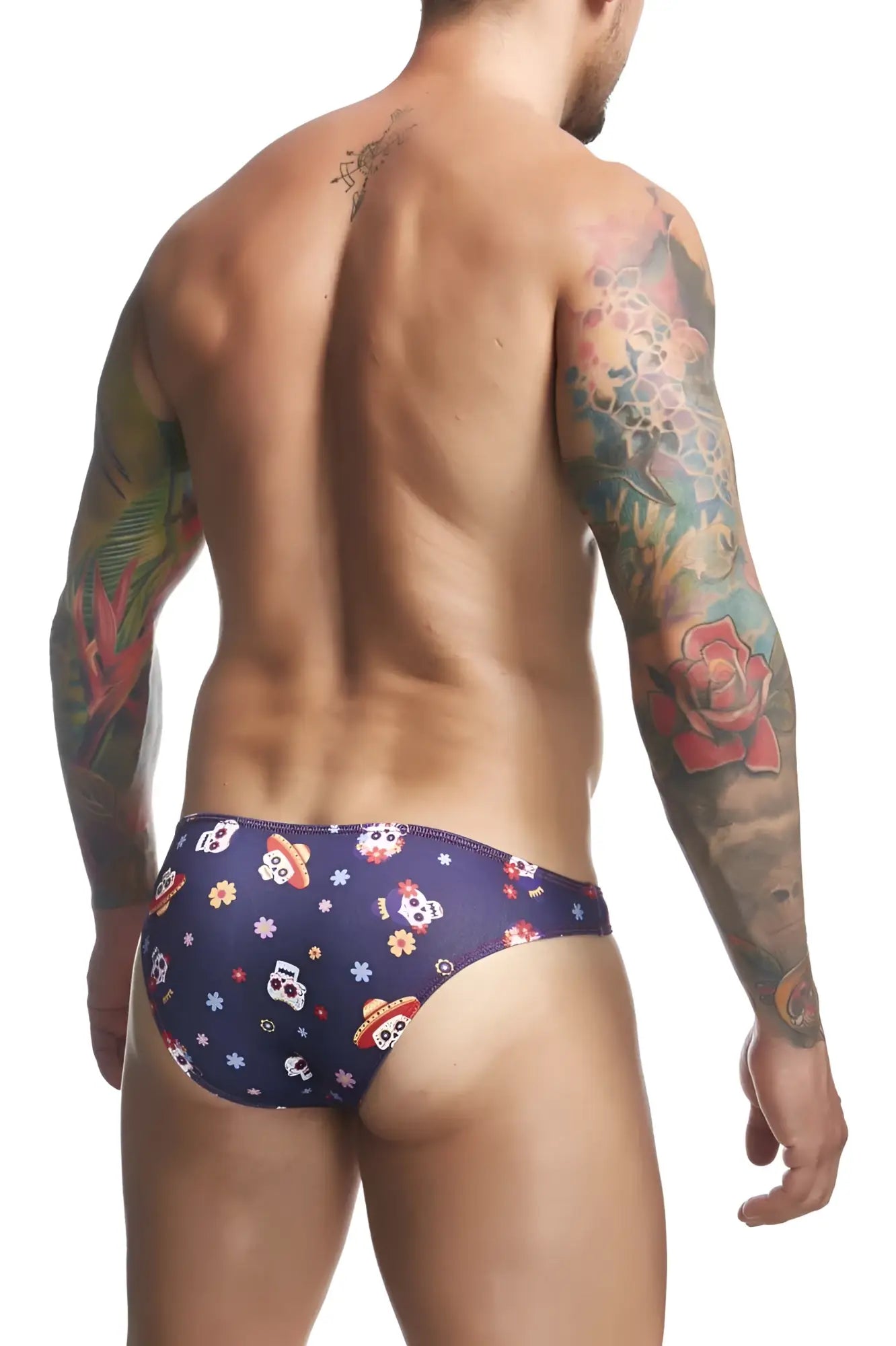 Dark blue mens swim trunks justin simon xsj01 classic bikini with colorful skulls wearing sombreros and small flowers