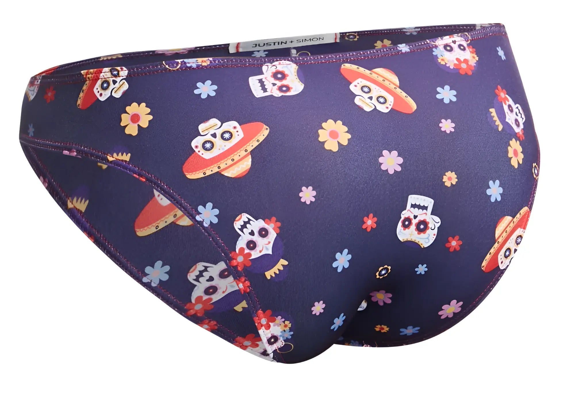 Dark purple justin simon xsj01 classic bikini swim trunks with colorful sugar skull and ufo pattern from mexico