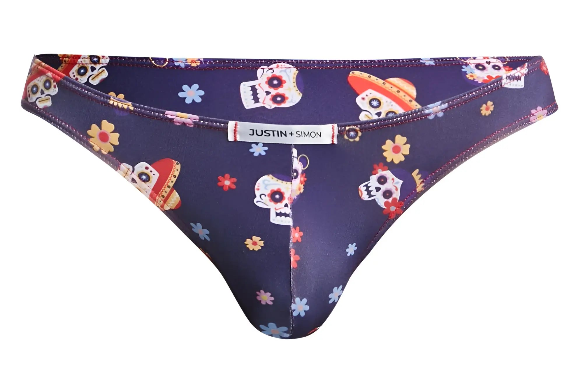 Dark purple justin simon xsj01 classic bikini bottom with vibrant sugar skull and floral pattern in mexico colors