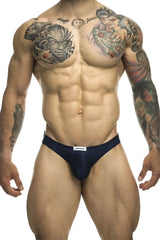 Navy blue justin simon xsj01 classic bikini briefs with white waistband label for men in comfortable fabric