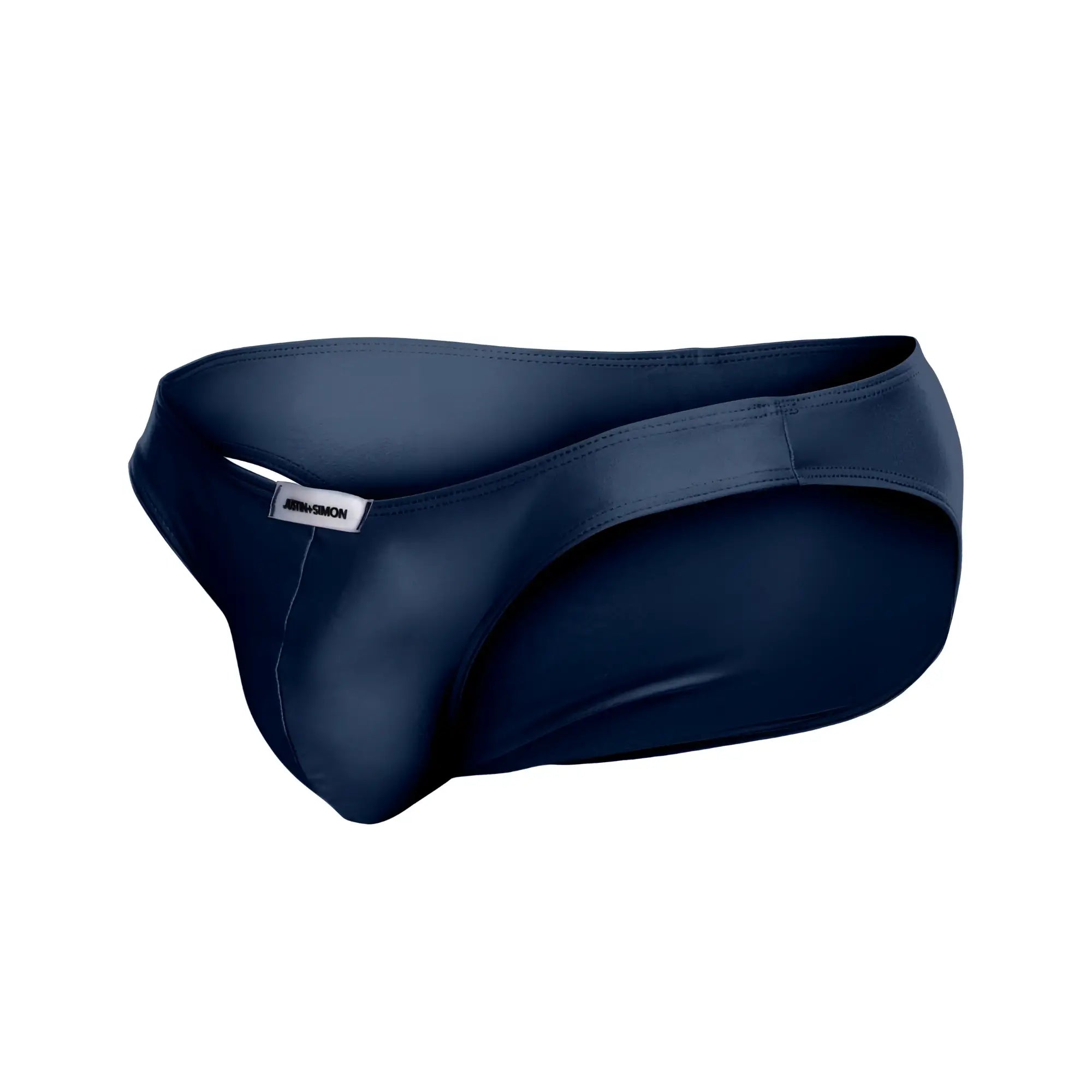 Navy blue silicone briefs justin simon xsj01 classic bikini with sleek form-fitting design and white brand tag on waistband