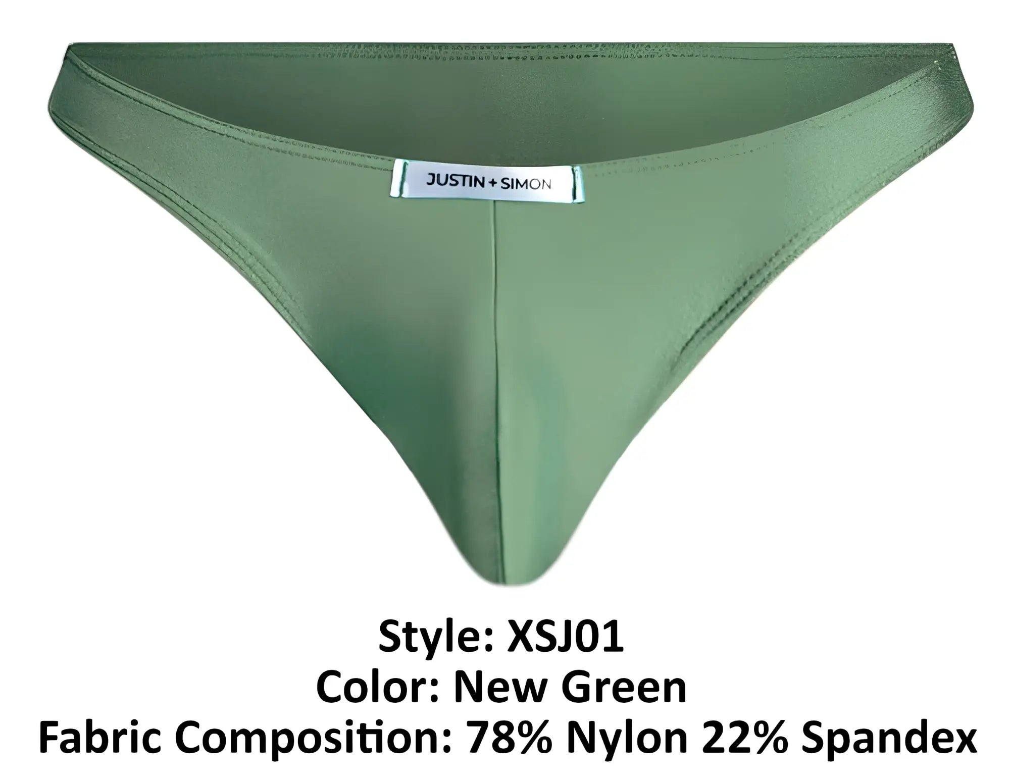 Olive green thong by justin simon made of smooth nylon and spandex blend classic bikini style xsj01 model