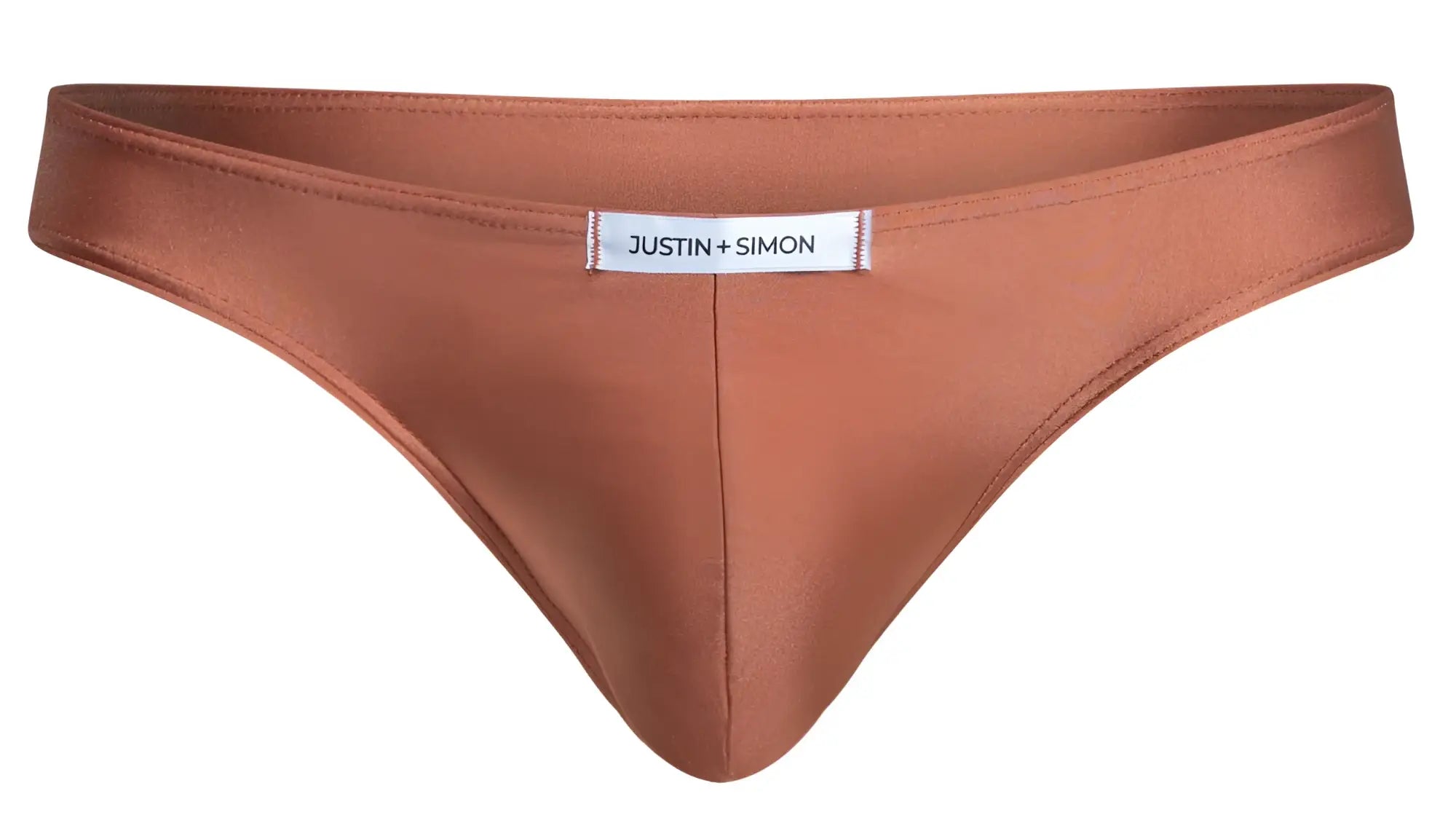 Copper-colored satin thong with justin simon brand label in ochre from the classic bikini collection