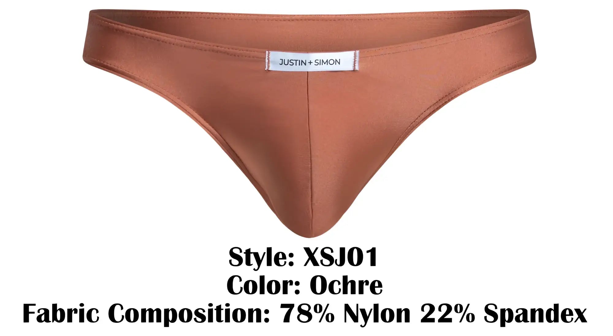 A sleek minimalist ochre thong by Justin + Simon made from 78 nylon 22 spandex fabric