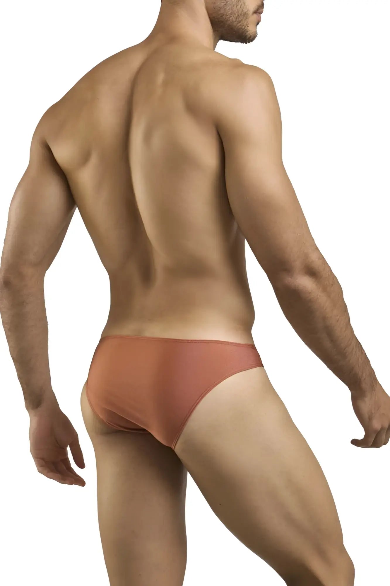 Justin simon xsj01 classic bikini in ochre features a sleek rust-colored brief with a smooth form-fitting design