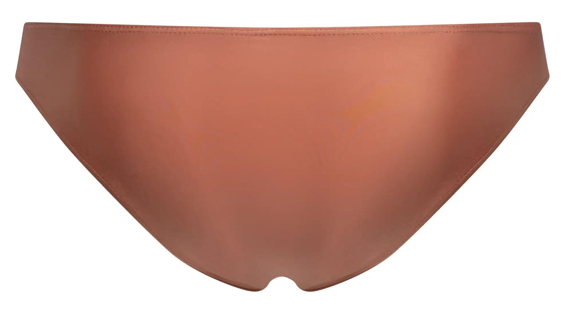 A sleek satin-finish copper-colored classic bikini bottom by JUSTIN+SIMON with a smooth minimalist design