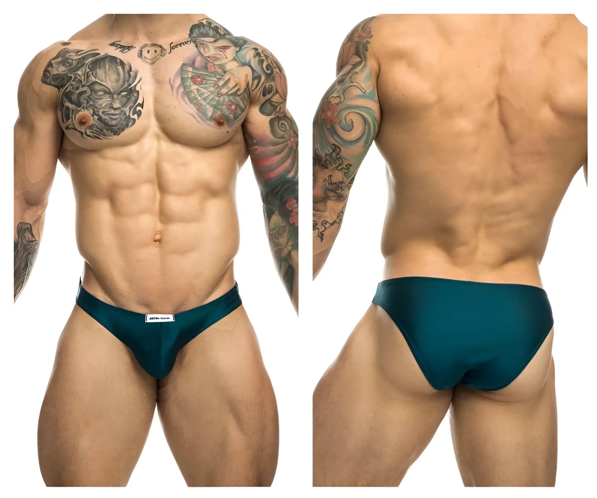 Teal JUSTIN+SIMON XSJ01 classic bikini briefs with a small white brand tag at the waistband in opal green color