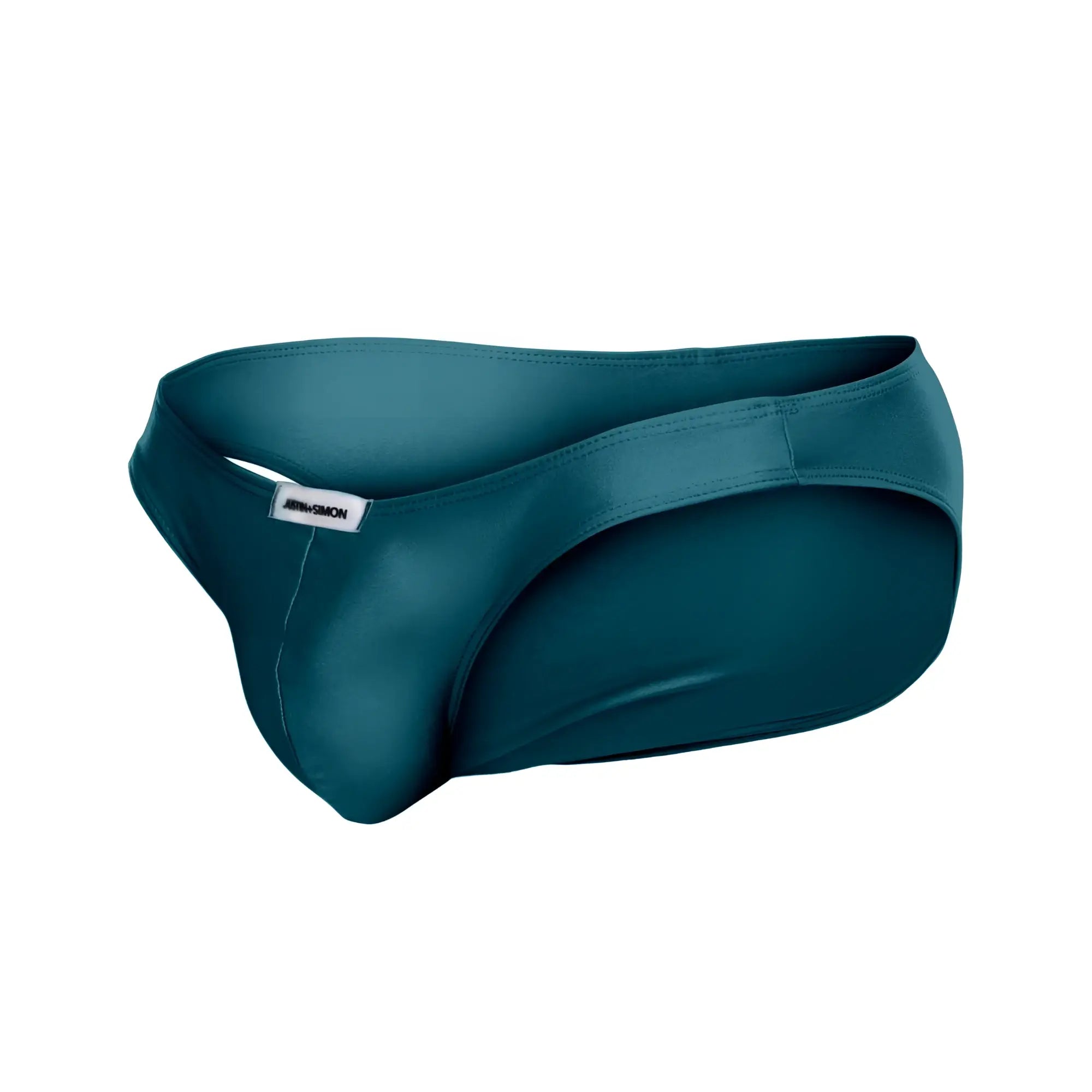Teal satin briefs with a sleek form-fitting design and subtle brand tag on the waistband in opal green color