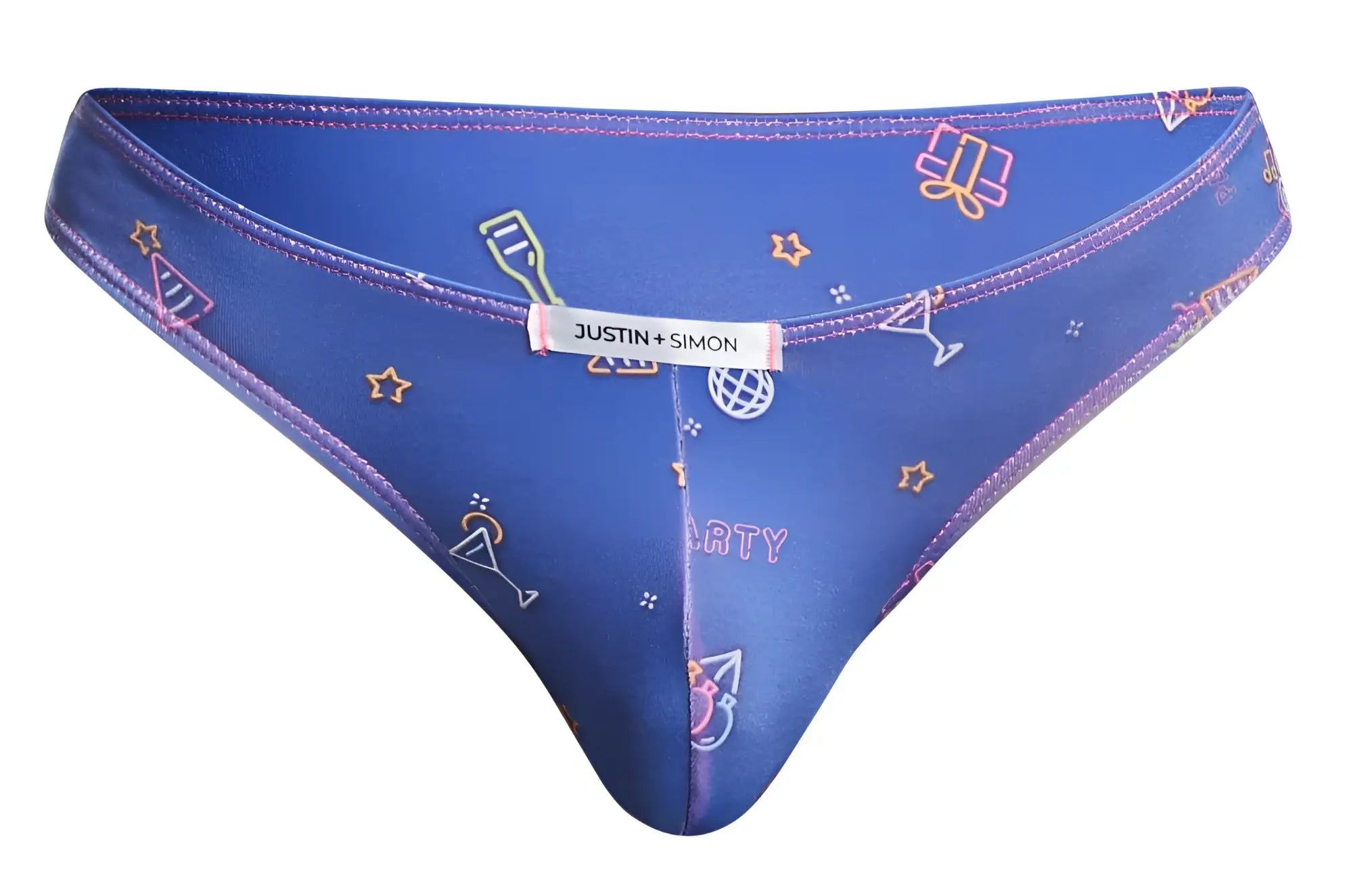 Blue justin simon thong bikini with purple trim and neon party-themed graphics in the classic color party style